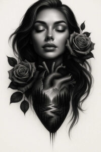 heart-with-droplets – tattoo design ideas free ai generated – neotraditional-fine-detail – for-back-shoulder – Gallery: hearts-inkby-ai