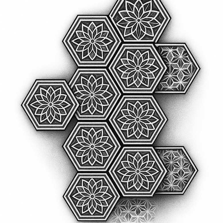 Black and grey hexagon tiles featuring interlocking mandala flowers; geometric pattern, high contrast; tattoo project idea; cover-up suitable.