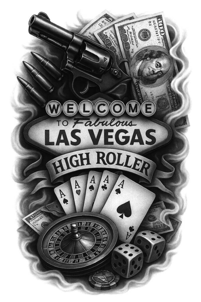 Black and grey tattoo concept featuring revolver, bullet, money, Las Vegas sign, card, dice, roulette wheel, and coin; AI-generated tattoo project; suitable for a cover-up.