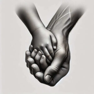 A black-and-grey tattoo concept of two hands clasped, one child-sized and one adult, symbolizing unity; a project suitable for cover-up.