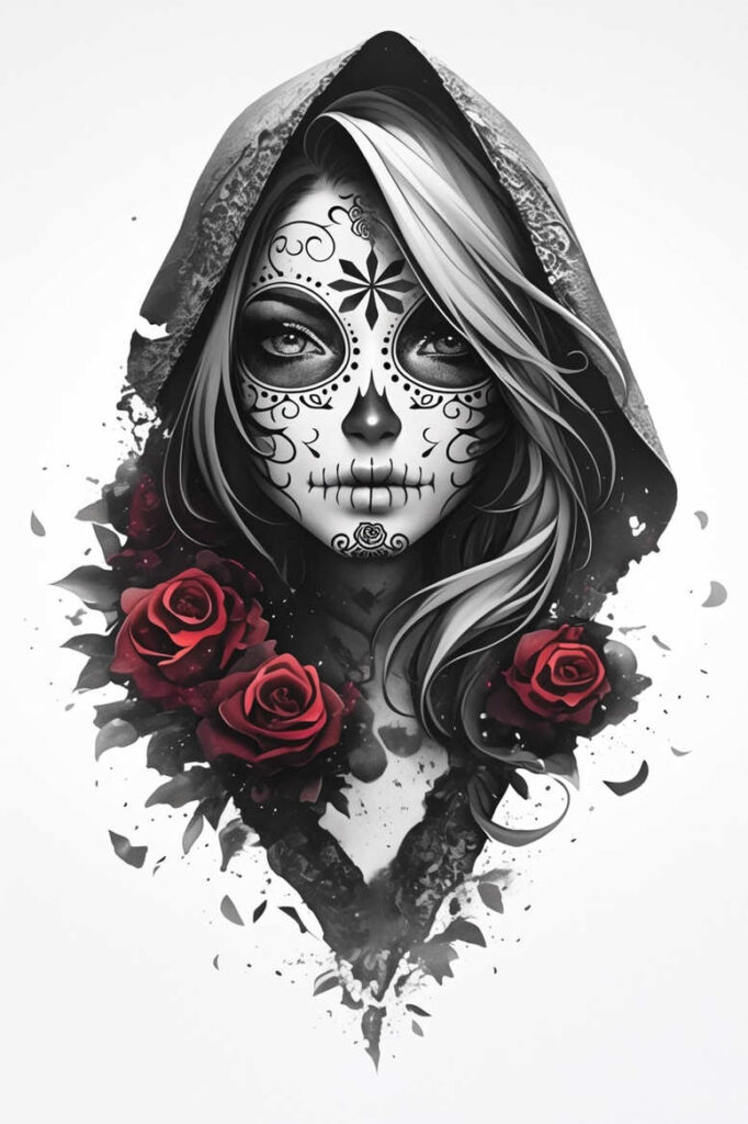 Hooded female face with sugar skull pattern in black and grey, red roses; AI-generated tattoo project; ideal for a cover-up.