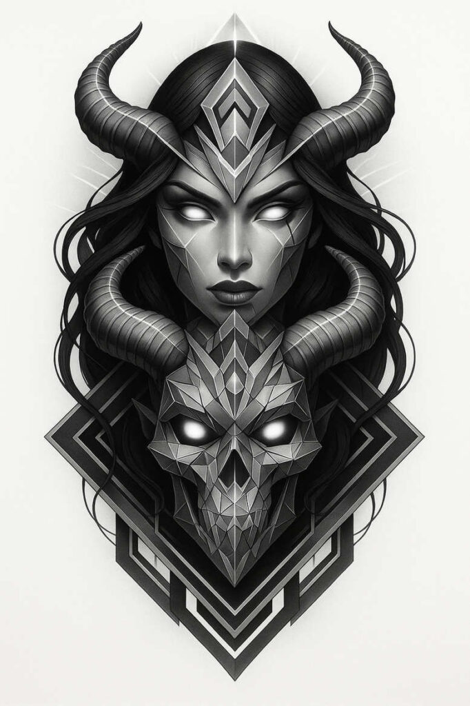Face of a horned woman with a geometric skull motif in black and grey; visible elements include face, horns, skull, and diamond shapes; AI-generated tattoo project suitable for cover-up.