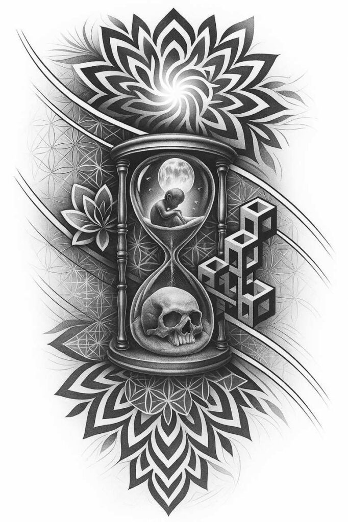 Hourglass tattoo design in black and grey showing a skull at the base, a moon-lit figure inside the upper bulb, geometric cubes on the side, and mandala floral patterns; cover-up project.