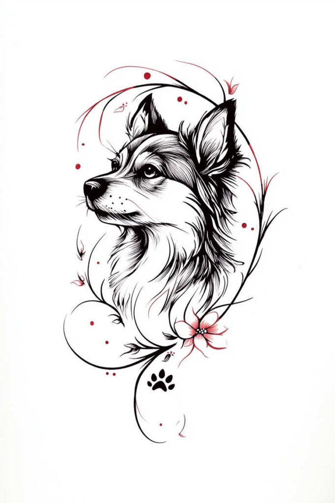 Dog, flower, and paw print visible in black and grey ink with red accents; tattoo design project; suitable for cover-up.