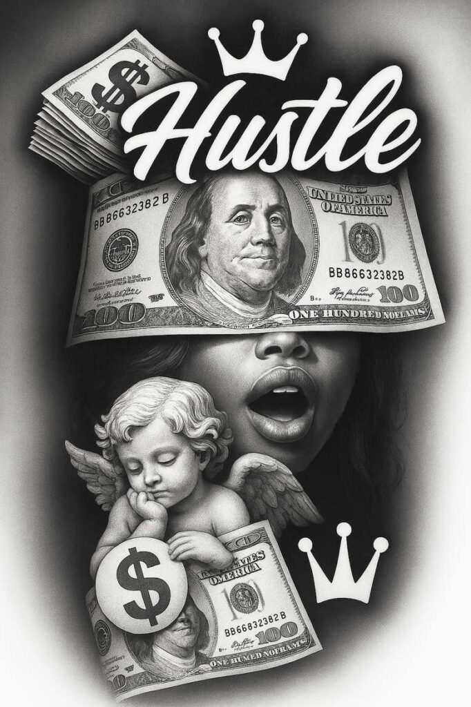 Black and grey portrait of a woman with dollar bills covering the eyes, crown motifs, and a cherub with wings; tattoo project idea; suitable for cover-up.