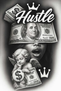 Face of a woman in black and grey tones with money bills masking the eyes, a winged cherub, and a crown, plus Hustle text; cover-up tattoo design concept.