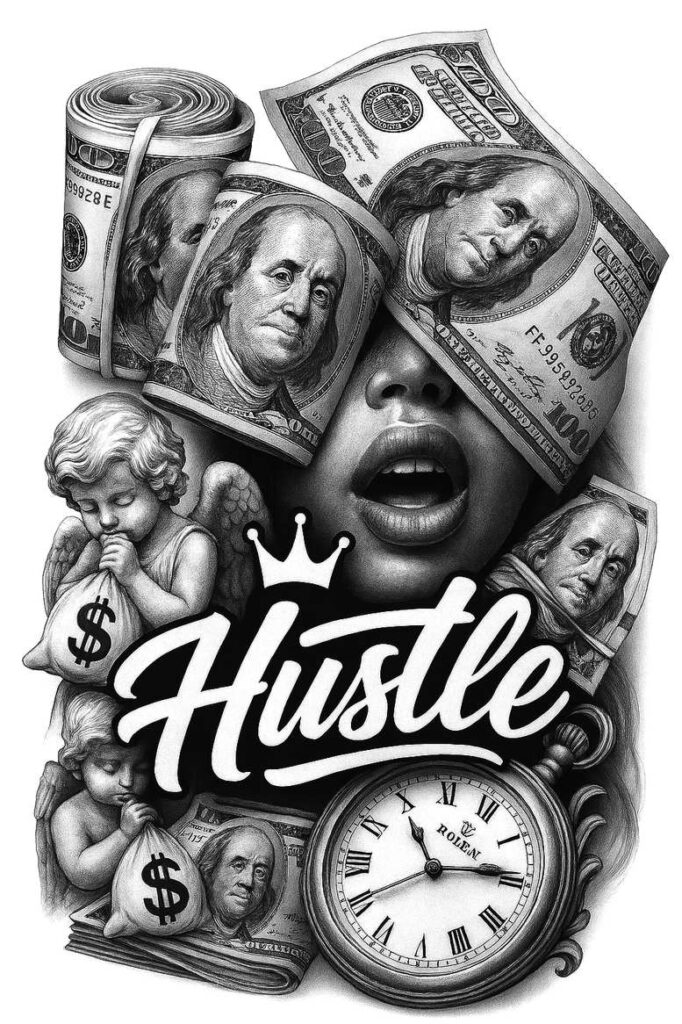 Hustle tattoo design in black and grey featuring money bills, face, clock, crowned Hustle script, cherub angel, and money bag; project; suitable for cover-up.