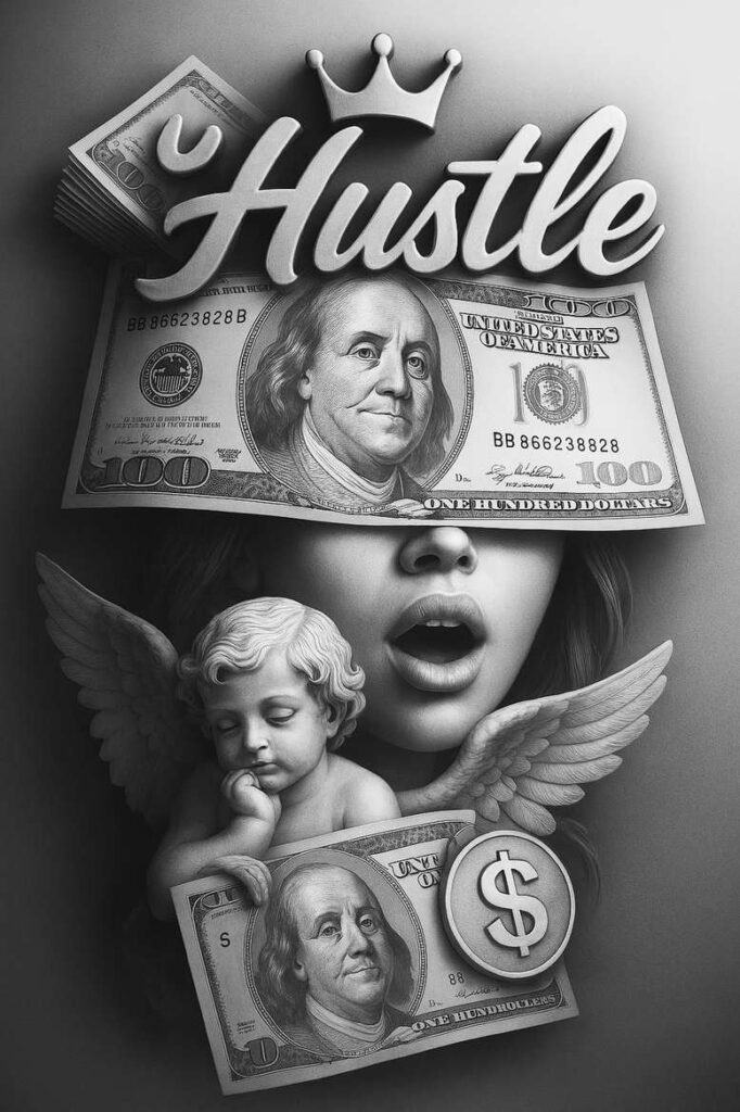 Black and grey tattoo idea showing a woman's face, wings, cherub, crown, currency bills, and a coin; AI-generated project; suitable for a cover-up.