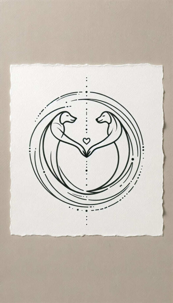 Heart centered between two stylized animals inside circular rings; black linework on white textured paper; AI-generated tattoo project concept; suitable for cover-up.