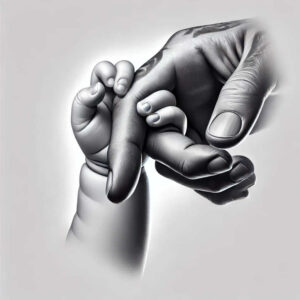 Two hands, baby hand gripping adult finger, in black and grey; AI-generated tattoo project idea; not ideal for cover-up.