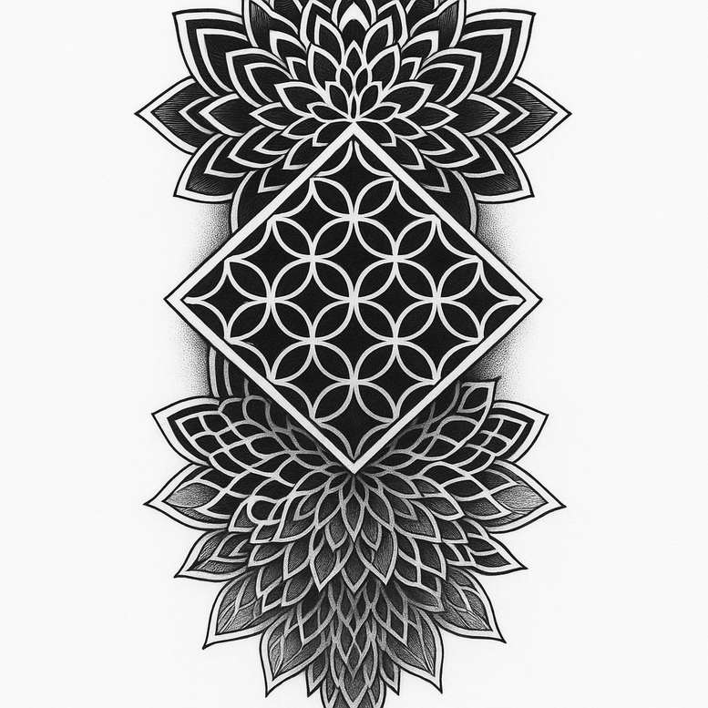 Black and grey tattoo design featuring a central diamond with interlocking circle pattern, flanked by lotus-petal clusters; AI-generated project, cover-up ready.