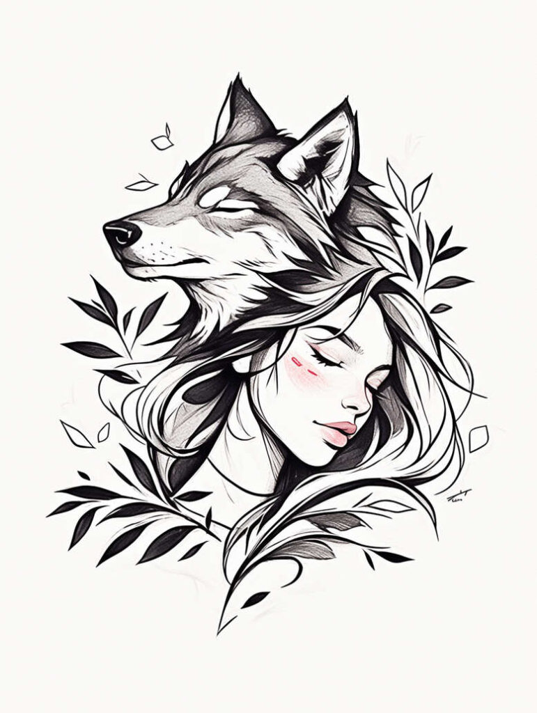Black and grey line drawing of a wolf head merging with a woman's profile, surrounded by botanical leaves; tattoo design concept; suitable for cover-up.