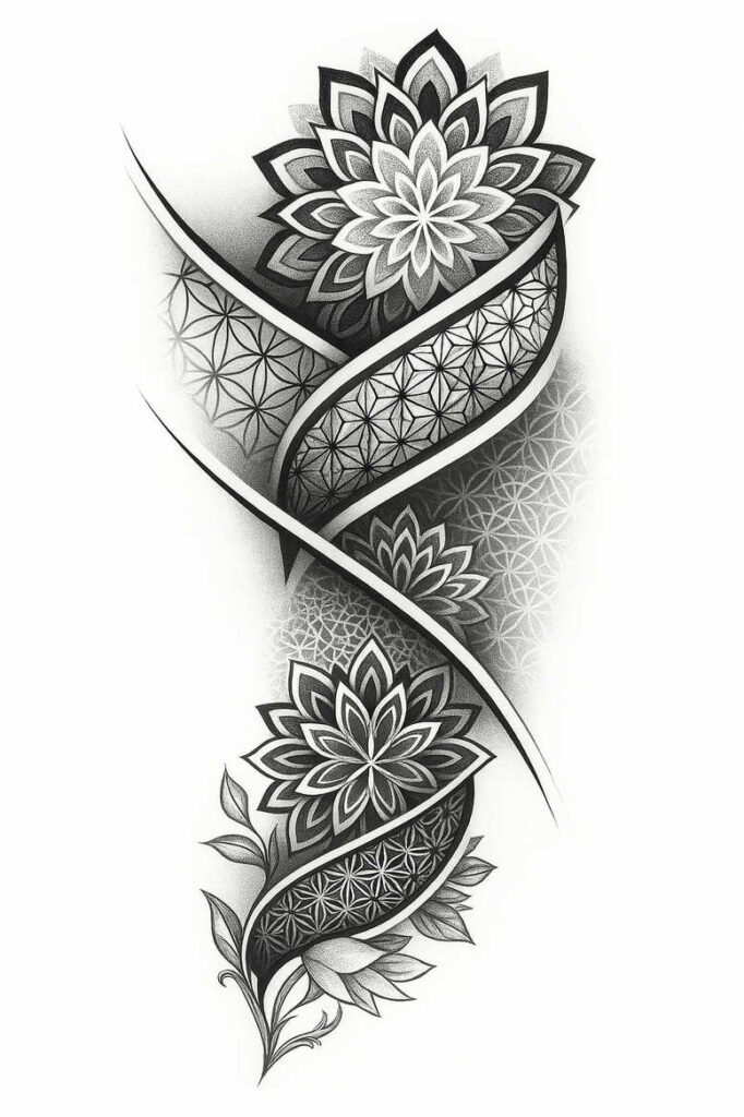 Black and grey tattoo design featuring a twisting ribbon, geometric flower-of-life pattern, two lotus blooms, and leaves; AI-generated tattoo project; ideal for cover-up.