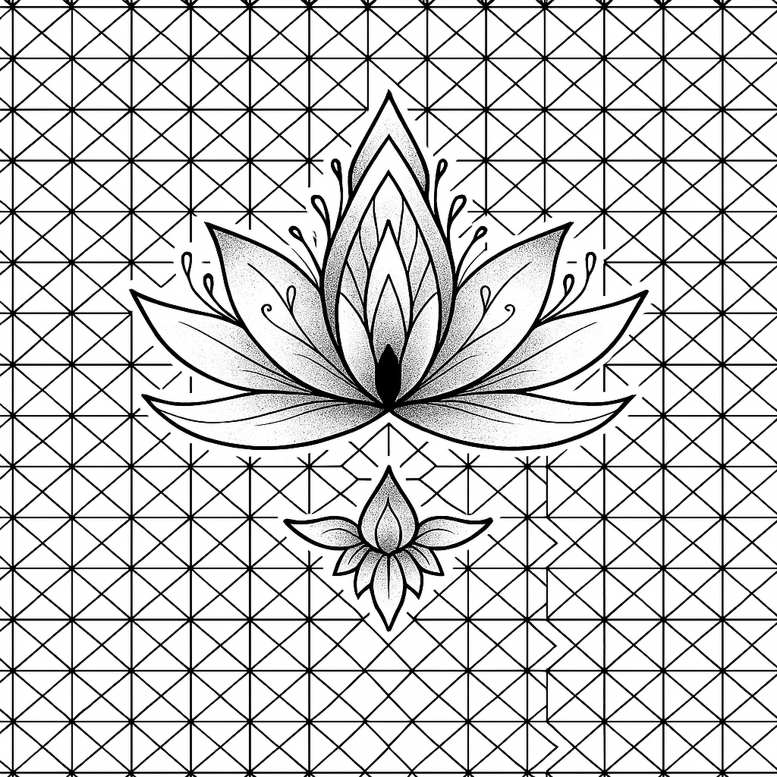Large black and grey lotus with bud on geometric grid pattern backdrop; AI-generated tattoo project; not ideal for cover-up.