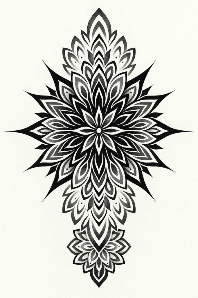 Cross-shaped mandala tattoo in black and grey with layered petals and a central dot; AI-generated tattoo project; not ideal for cover-up.