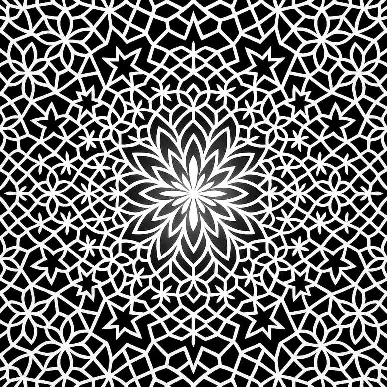 Black and white mandala pattern featuring a central flower with surrounding stars; AI-generated tattoo project; cover-up ready.