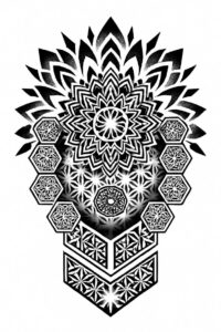 Black and grey mandala with hexagon tiles and floral accents; a cover-up friendly tattoo project.