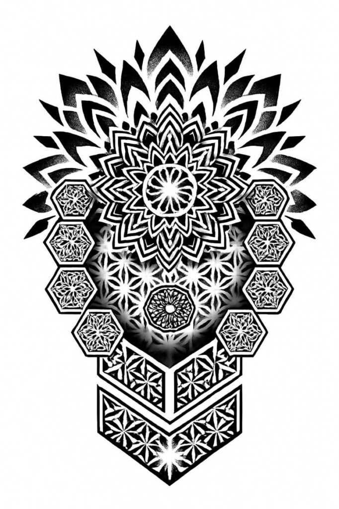 Black and grey mandala with hexagon tiles and floral accents; a cover-up friendly tattoo project.