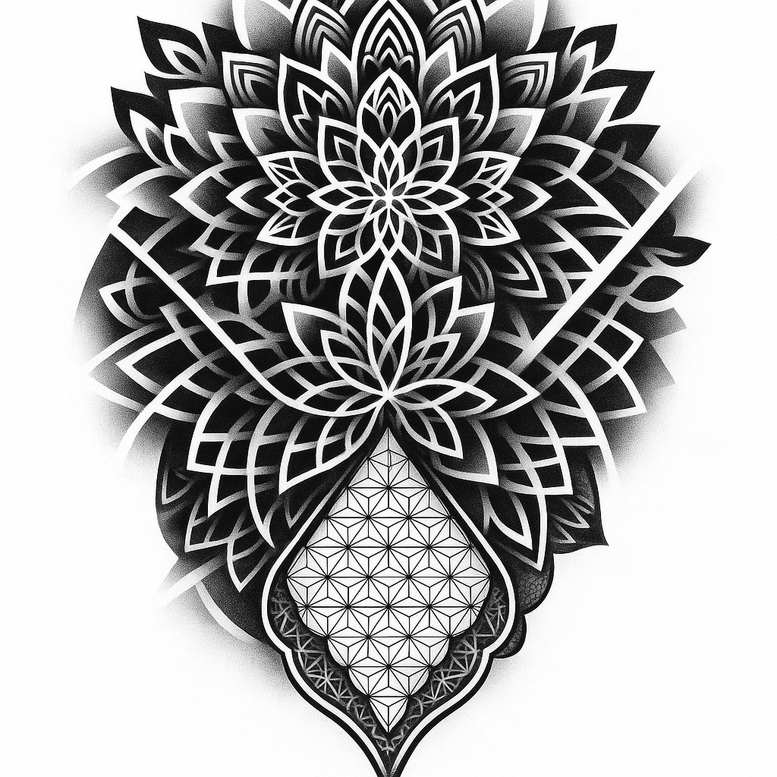 Black and grey mandala flower with layered petal shapes and teardrop lattice grid; AI-generated tattoo project; ideal for a cover-up.