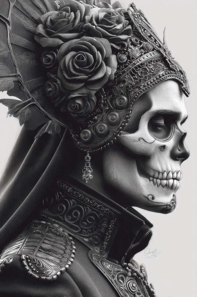 Black and grey AI-generated tattoo project: skull profile with ornate headdress, roses, and detailed armor; ideal for a cover-up.