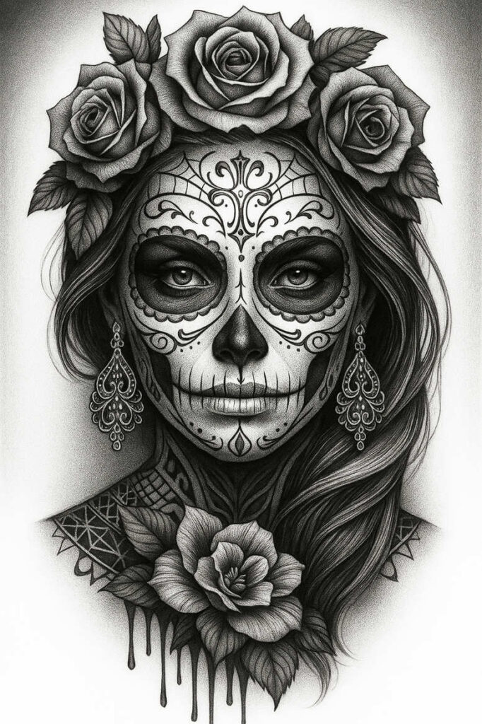Portrait in black and grey of a woman with Day of the Dead sugar skull makeup, rose crown, and ornate earrings; AI-generated tattoo project, cover-up ready.