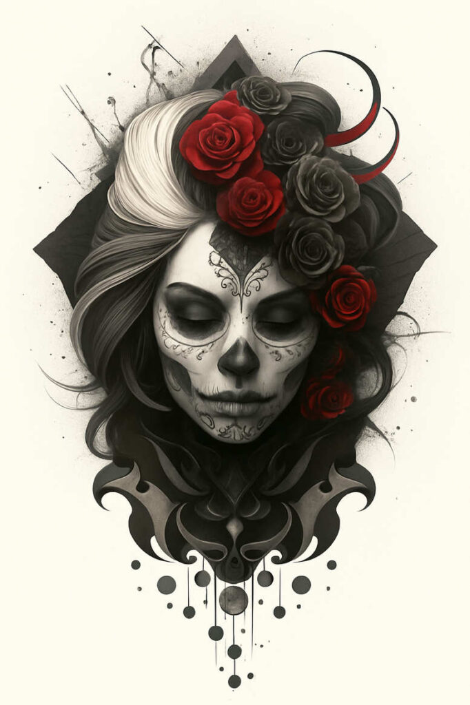 Face of a sugar skull girl in black and grey with red roses, diamond behind, and ornamental neck pattern; AI-generated tattoo project; perfect for cover-up.