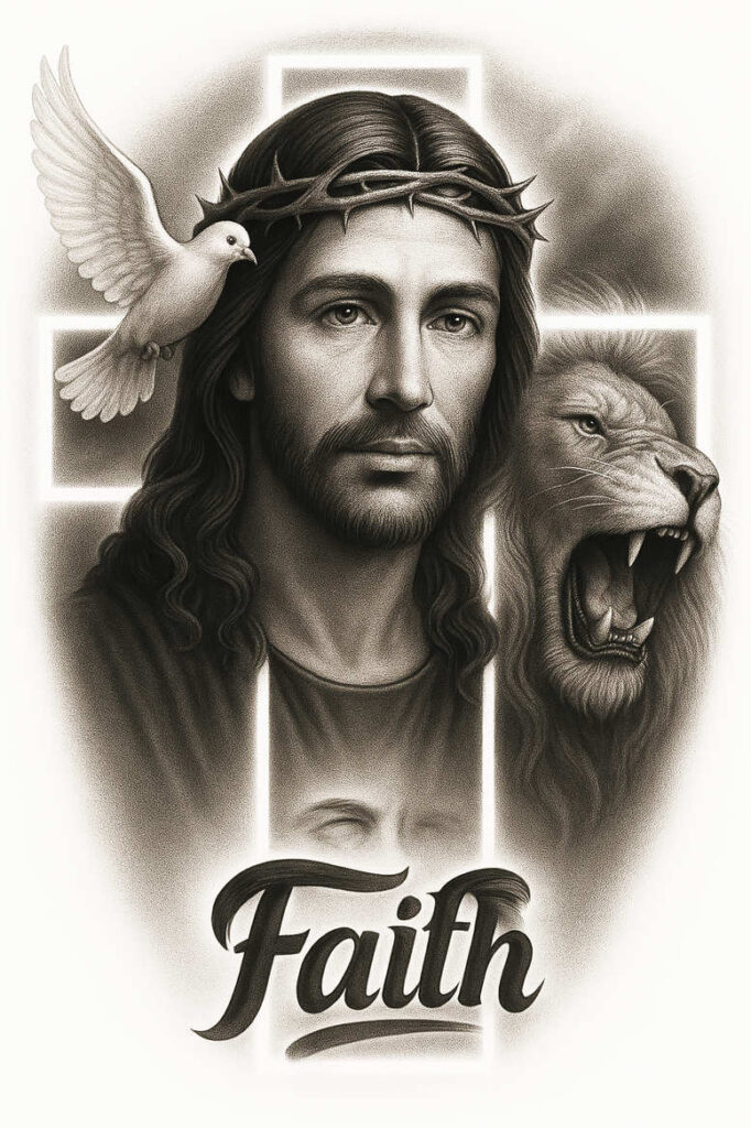 jesus-supernatural-tattoo – tattoo design ideas free ai generated – realism-natural-blush – for-shoulder-blade – Gallery: jesus-inkby-ai