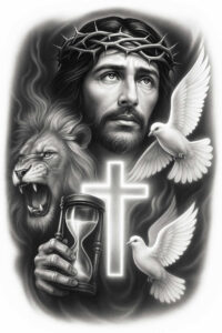 jesus-worship-tattoo – tattoo design ideas free ai generated – surrealism-vibrant-contrasts – for-upper-arm – Gallery: jesus-inkby-ai