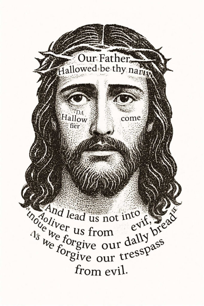Portrait of Jesus with flowing hair in black and grey; script across the forehead and curved text around the chin; tattoo project idea, suitable for cover-up.