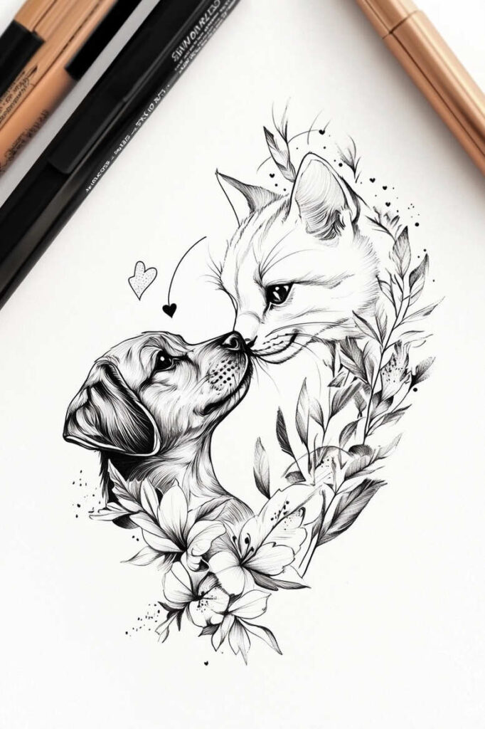 Dog and cat in black and grey line art, framed by a floral wreath with leaves; tattoo design idea, AI-generated tattoo project, suitable for cover-up.