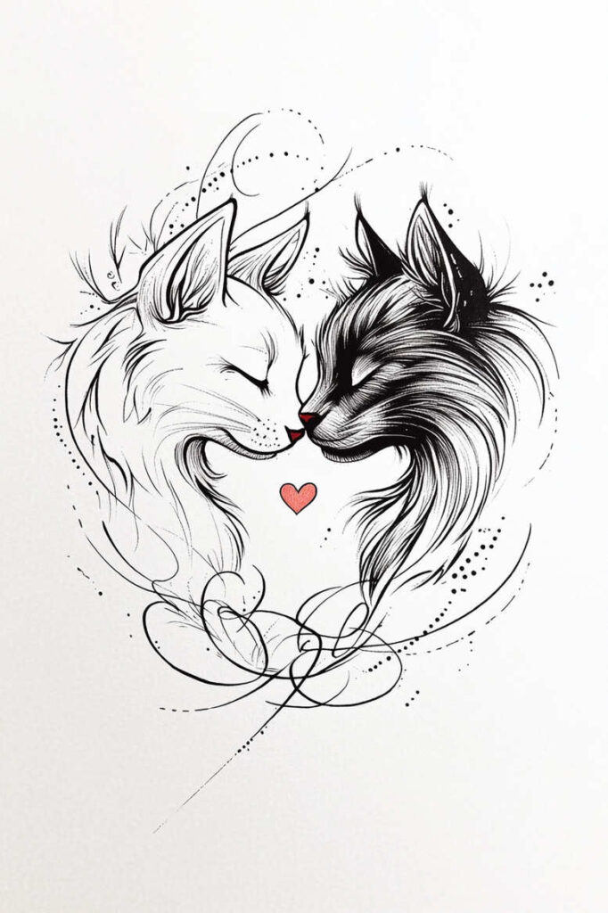 White cat and black cat kissing with a small red heart; line art, black and grey; tattoo design concept; not ideal for cover-up.