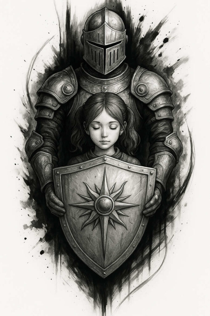 Black and grey: knight in armor behind a girl, both foregrounded by a starburst shield; ink splat background; AI-generated tattoo project; suitable for a cover-up.