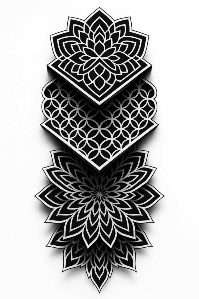 Lotus, circle, and flower in black and grey linework pattern; tattoo project; cover-up suitable.