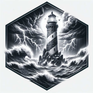 Lighthouse, rocky outcrop, waves, storm clouds, birds; black and grey; tattoo project idea; suitable for cover-up.