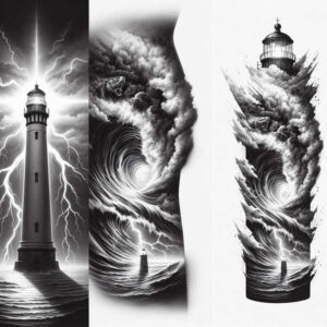 Lighthouse, wave, lightning, and cloud in black and grey; tattoo project; cover-up-ready; AI-generated.