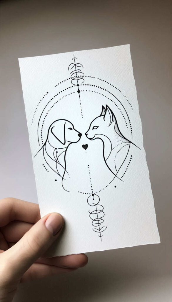 Black and grey line-art of a dog and cat facing each other with a heart between, encircled by dotted circles and a vertical spiral; project, not suitable for cover-up.