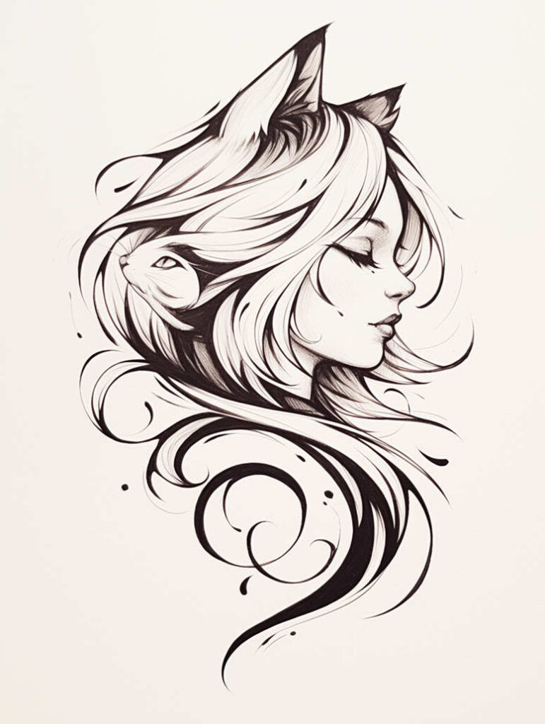 Pattern line-art of a woman in profile with cat ears, black ink and grey shading on cream background; tattoo design idea; not ideal for cover-up.