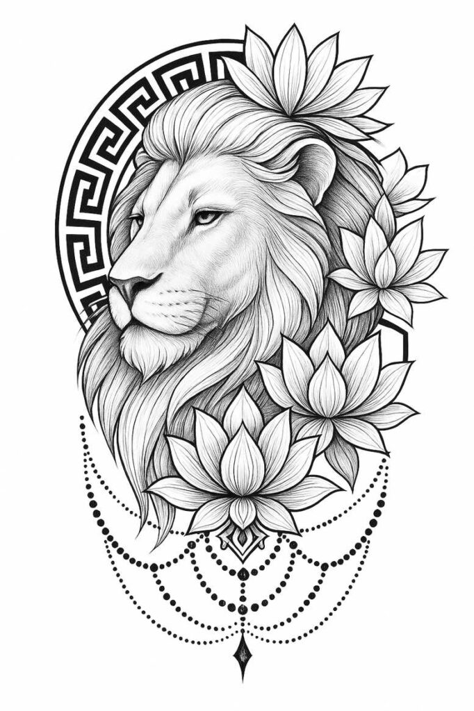 Black and grey lion head with surrounding lotus flowers, bead necklace, and a circular geometric frame in a Greek-key pattern; AI-generated tattoo project idea.