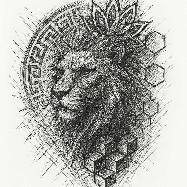 Lion head in black and grey with ring border and honeycomb cubes, lotus crown; project idea; not suitable for cover-up.