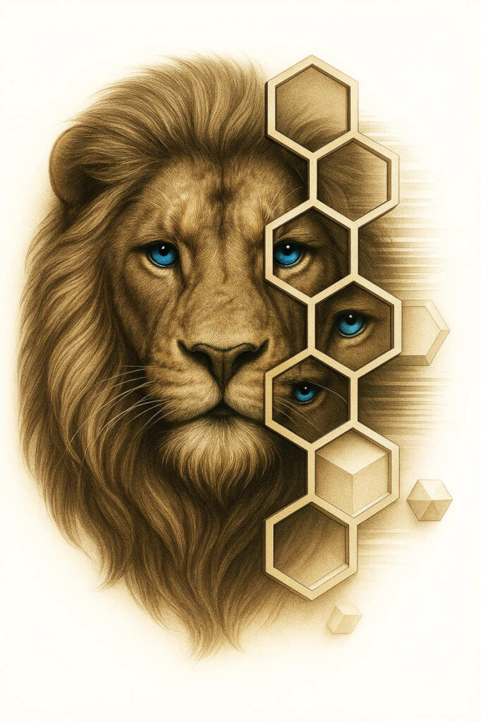 Lion head in black and grey with blue eyes, geometric hexagon overlay on the right, cube accents; tattoo project idea; not suitable for cover-up.
