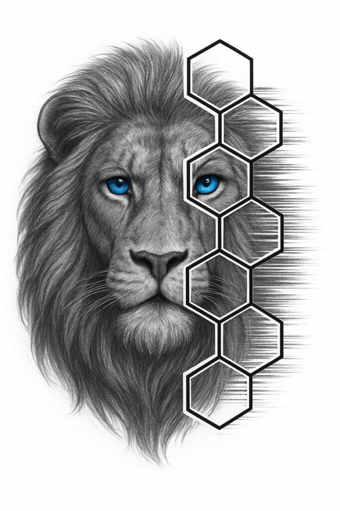 Lion head in black and grey pencil shading with blue eyes and a vertical hexagon pattern on the right; AI-generated tattoo project; cover-up suitable.