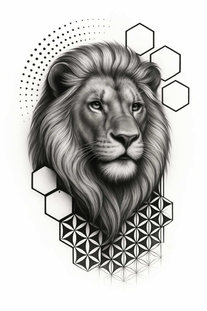 Lion head portrait in black and grey with hexagon shapes and circle-dot pattern; tattoo design concept, project; cover-up suitable.