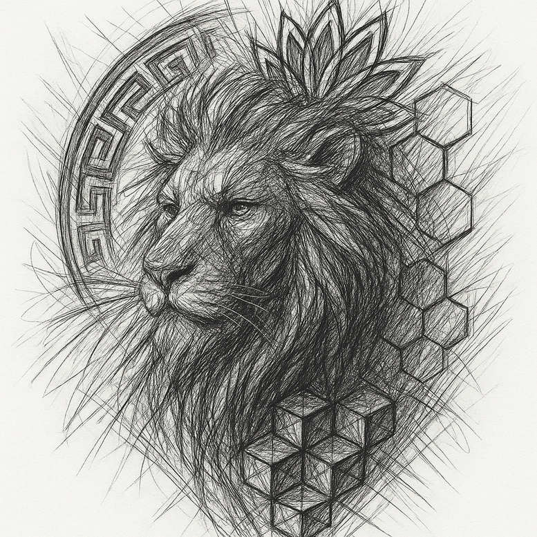 Black and grey lion portrait with lotus crown, ring border, and hexagon pattern; AI-generated tattoo concept, cover-up suitable.