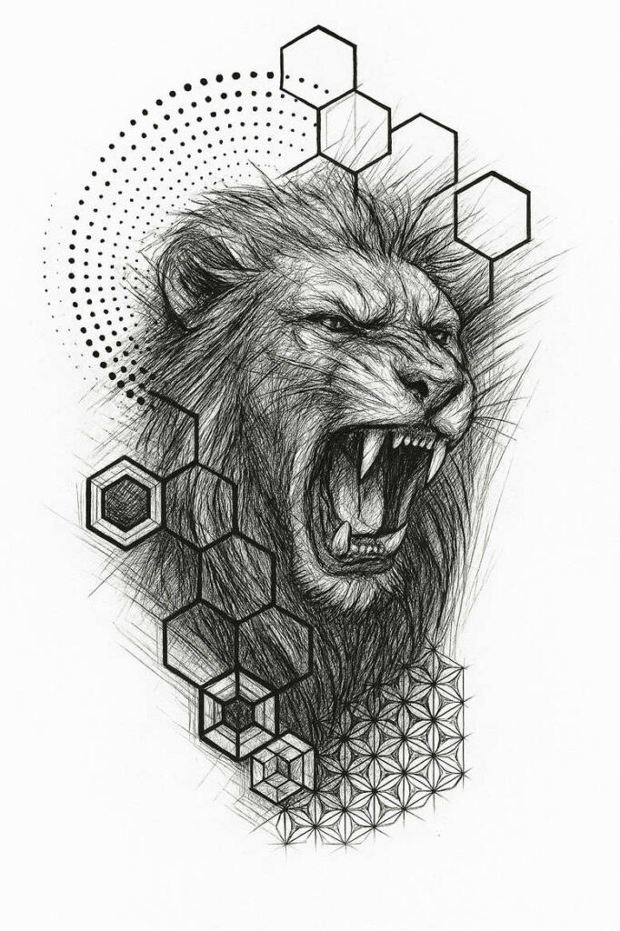 Lion head in black and grey ink with hexagons, circular dot halo, cube outlines, and a flower-of-life pattern; AI-generated tattoo project, perfect for a cover-up.