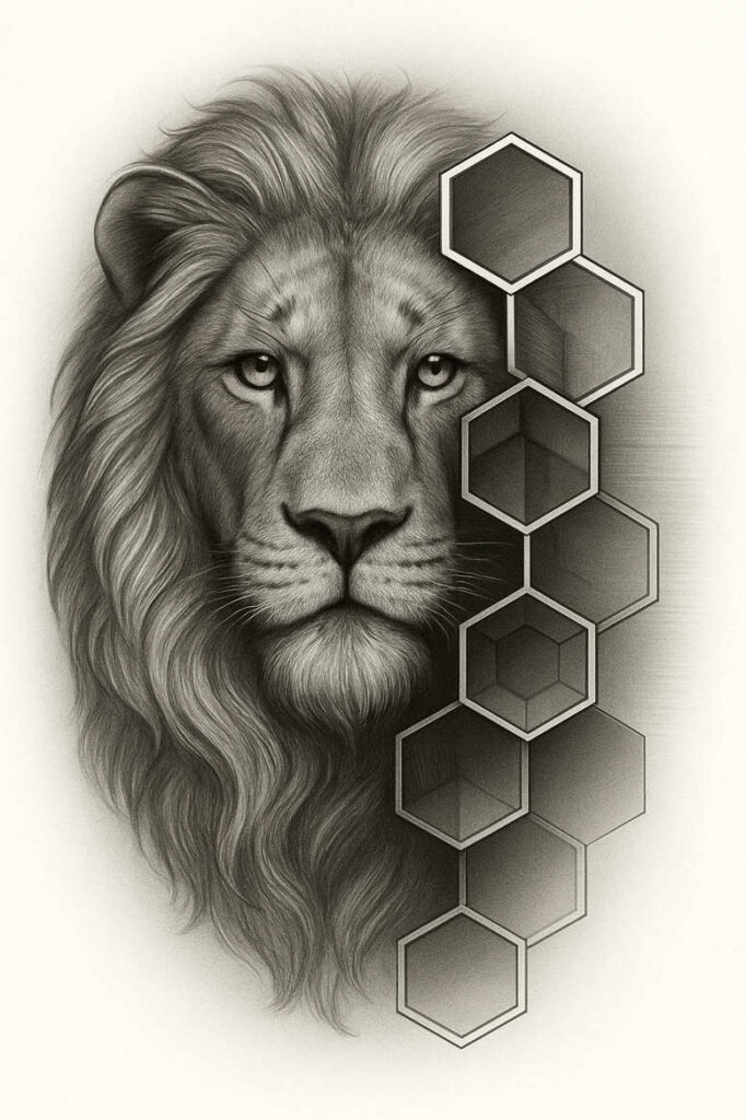 Lion head in black and grey with a vertical row of hexagons on the right; pencil shading; AI-generated tattoo project; not a cover-up.