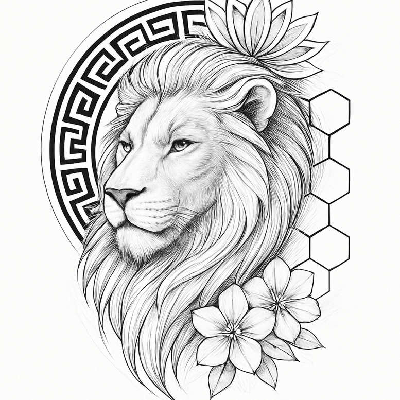 Black and grey linework of a lion head with lotus flowers, hexagon pattern and circular Greek-meander backdrop; AI-generated tattoo project; not a cover-up.