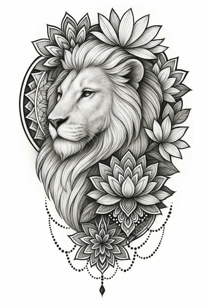 Lion, lotus, mandala, bead in black and grey; AI-generated tattoo project; cover-up: no.
