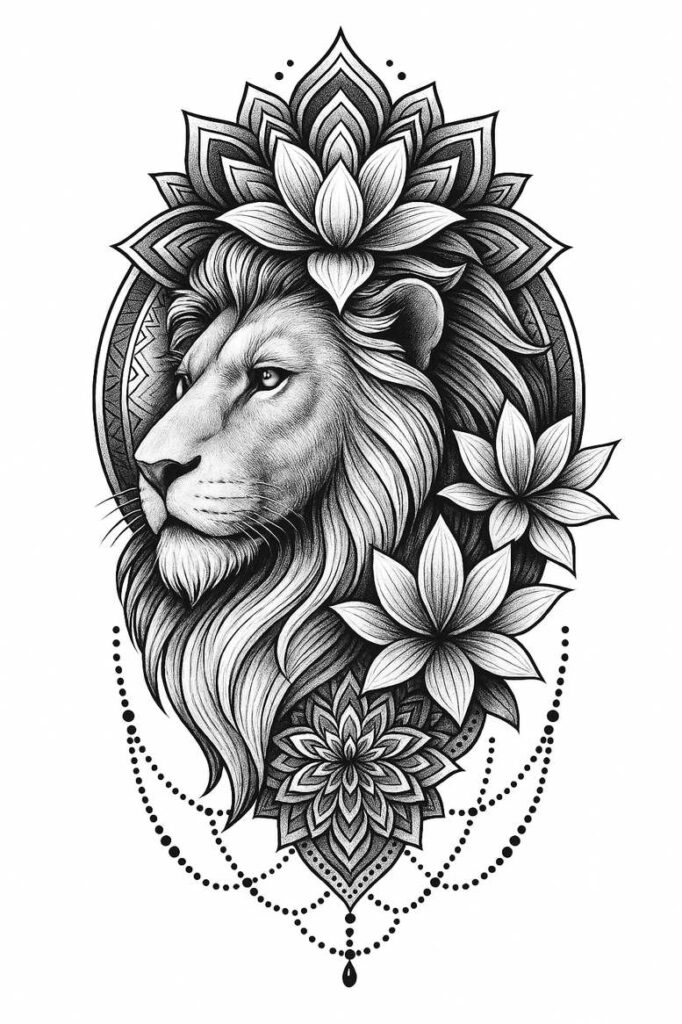 Lion head in black and grey with mandala crown and blooming flowers; tattoo design idea; not specifically for cover-up.