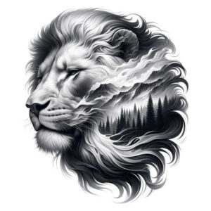 lion-with-crown-and-flames – tattoo design ideas free ai generated – surrealism-phantasmagoric – for-lower-thigh – Gallery: lions-inkby-ai