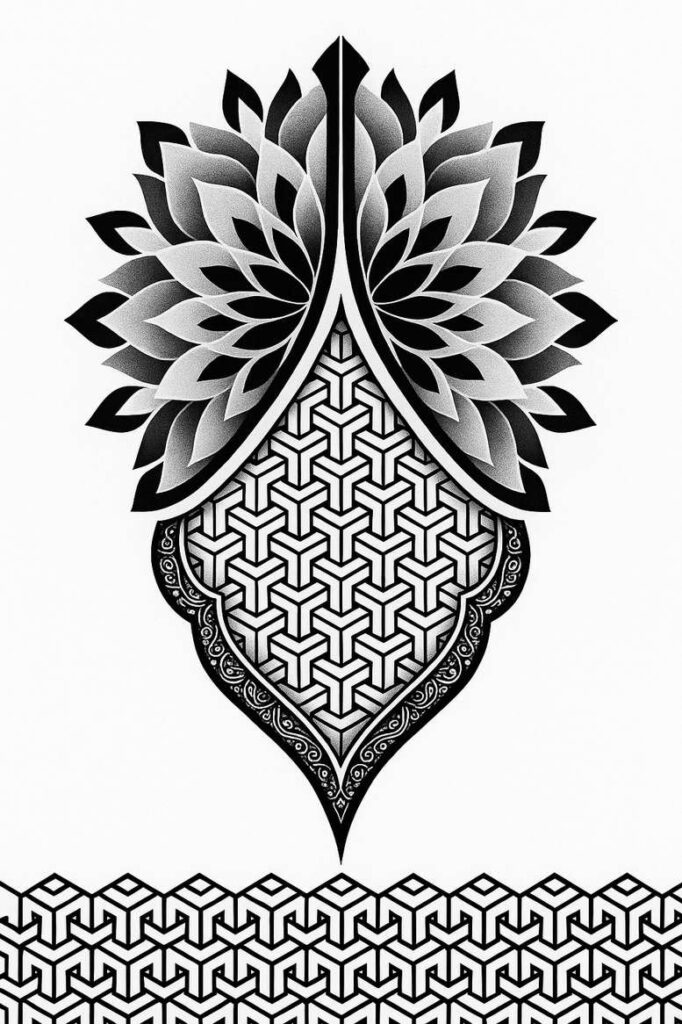 Lotus, border, pattern; black and grey; AI-generated tattoo project, suitable for a cover-up.